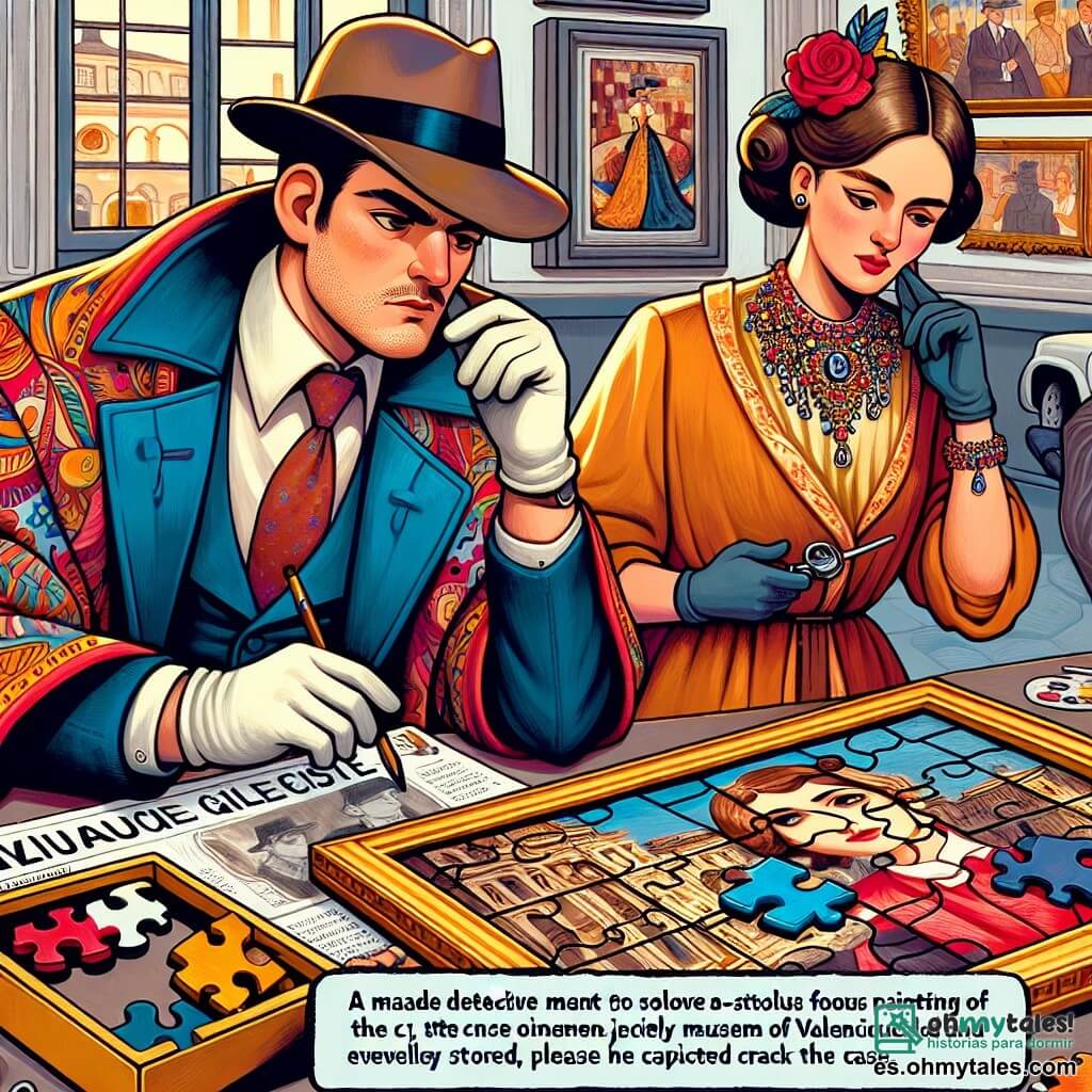 Une illustration destinée aux enfants représentant un homme détective, en train de résoudre un mystère de vol d'un célèbre tableau dans un musée de la ville de Valenciudad, avec une dueña de joyería élégante et mystérieuse comme personnage secondaire.