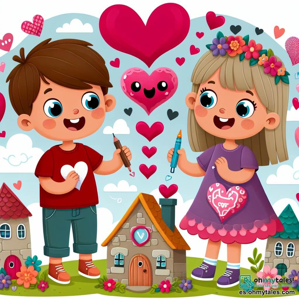 Une illustration destinée aux enfants représentant un garçon curieux et énergique, une amie fille créative et affectueuse, dans le pittoresque village de Villa Corazón, décoré de cœurs et de fleurs pour le Día de San Valentín.