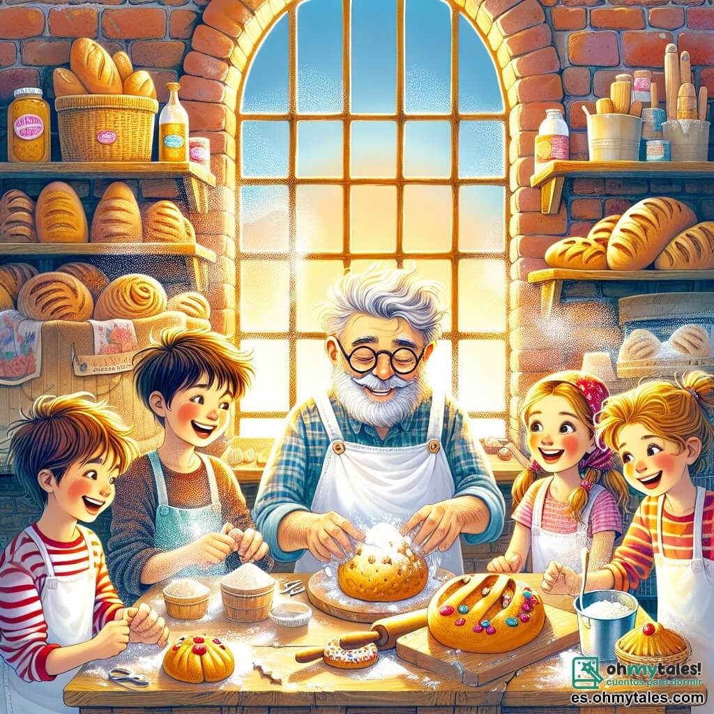 Ilustración que representa una encantadora panadería colorida, con paredes de ladrillo rojo y un escaparate lleno de panes dorados y pasteles apetitosos. En el interior, un hombre de mediana edad, con barba gris y gafas redondas, lleva un delantal blanco manchado de harina. Sonríe calurosamente mientras amasa una bola de masa en una gran mesa de madera. A su alrededor, un grupo de cuatro niños, dos chicos y dos chicas, de aproximadamente 8 a 10 años, se divierten alegremente. Uno de los chicos, con el cabello castaño alborotado, lleva una camiseta a rayas y sostiene una pequeña bola de masa que está moldeando en forma de estrella. La niña a su lado, con dos coletas rubias y una sonrisa radiante, espolvorea harina en el aire, creando un ambiente festivo. La escena principal muestra al hombre y a los niños trabajando juntos, riendo y compartiendo momentos de complicidad, rodeados de sacos de harina, moldes para pan y utensilios de cocina coloridos. Rayos de sol filtran a través de la ventana, iluminando la escena y añadiendo un toque cálido a esta alegre aventura de panadería.