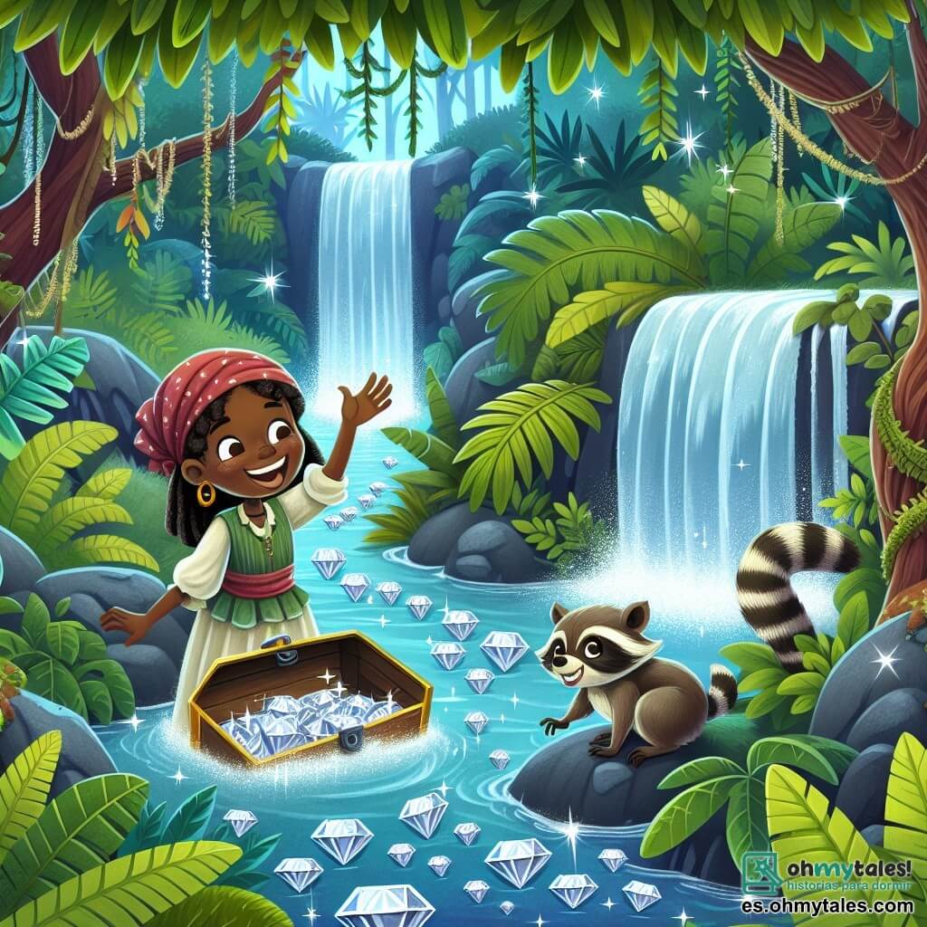 Une illustration destinée aux enfants représentant une femme courageuse, entourée d'une végétation luxuriante, découvrant un trésor caché dans une cascade magique de diamants étincelants, avec l'aide d'un raton laveur joyeux, dans la mystérieuse et enchanteresse forêt tropicale africaine.