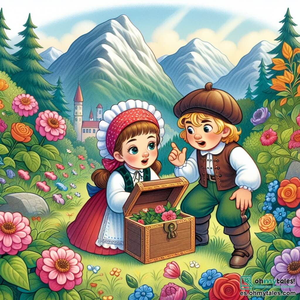 Une illustration destinée aux enfants représentant une jeune fille curieuse, entourée de montagnes, découvrant une boîte mystérieuse avec l'aide de son nouvel ami, un garçon du même âge, dans un jardin fleuri et coloré.