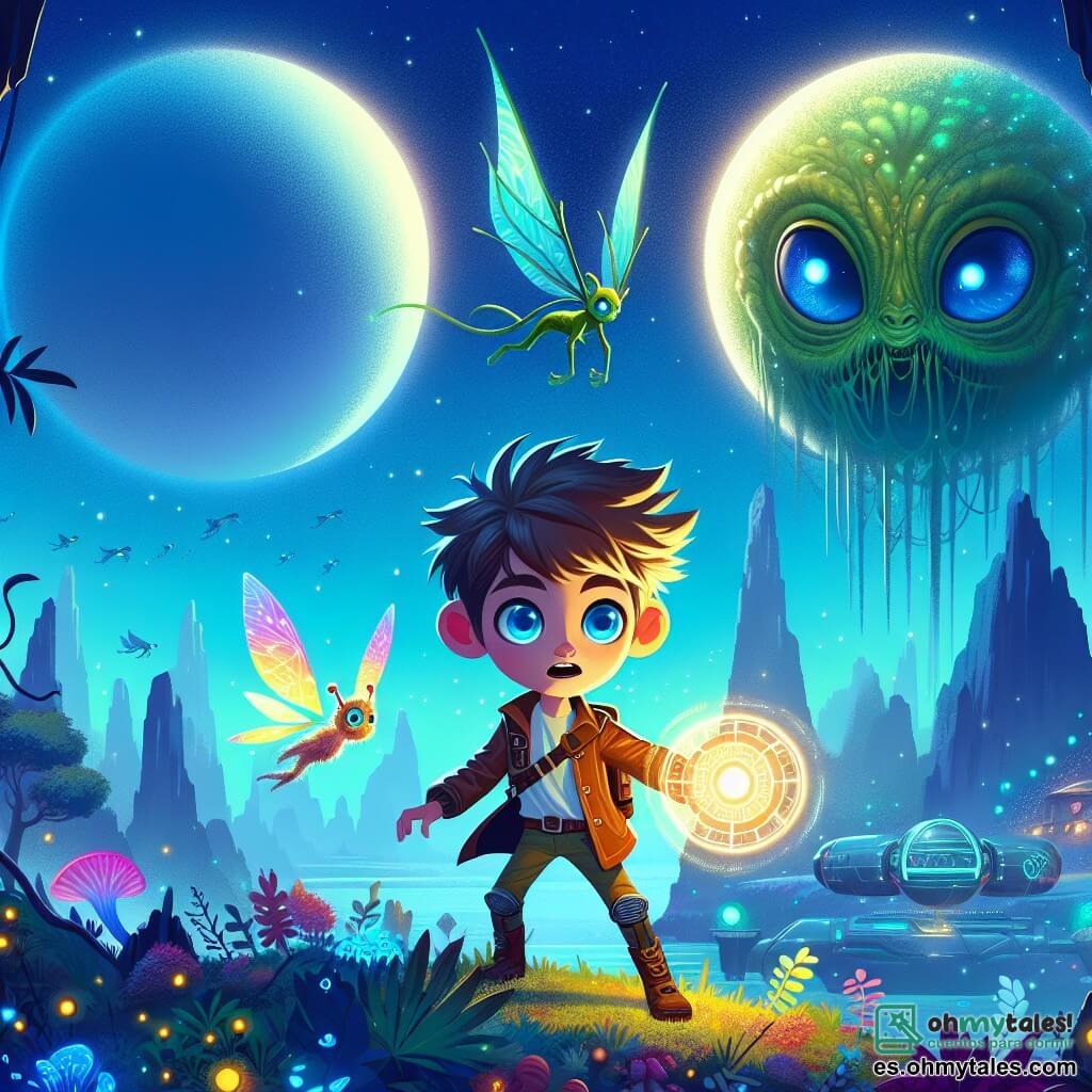 Une illustration sous forme de dessin destinée aux enfants représentant un paysage fantastique de la galaxie Zorax, avec un ciel bleu intense et deux lunes brillantes, où un garçon de 9 ans aux cheveux désordonnés et aux grands yeux bleus, tenant un disque lumineux, se tient courageusement face à une créature extraterrestre verte et élancée avec des yeux énormes, tandis qu'une petite créature colorée aux ailes scintillantes vole autour d'eux, le tout dans une atmosphère d'aventure et de magie, illustrant le moment où ils se préparent à affronter un être sombre menaçant.