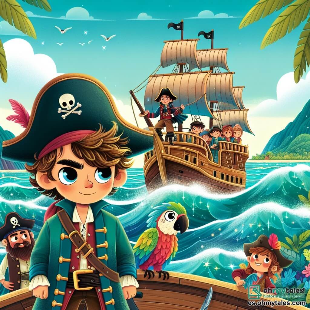 Une illustration destinée aux enfants représentant un courageux pirate, cheveux ébouriffés et regard déterminé, se tenant debout sur le pont d'un majestueux navire en bois, entouré par une joyeuse troupe de compagnons comprenant un perroquet aux plumes colorées, naviguant à travers des vagues scintillantes d'un océan turquoise, avec une île tropicale luxuriante et montagneuse en arrière-plan.