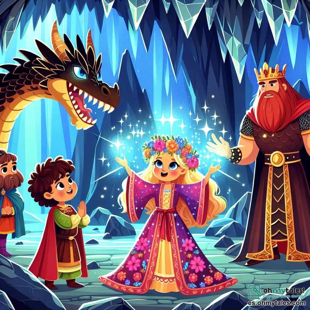 Une illustration sous forme de dessin destinée aux enfants représentant une caverne enchantée aux murs scintillants, où une jeune femme aux cheveux dorés et aux yeux pétillants, vêtue d'une robe colorée, se tient courageusement devant un dragon aux écailles noires, tandis qu'un roi musclé à la barbe rousse et une reine sage avec une couronne de fleurs les observent, tous unis pour convaincre le dragon de renoncer à sa méchanceté et de choisir la voie de la bonté, avec des éclats de magie bleue illuminant la scène.