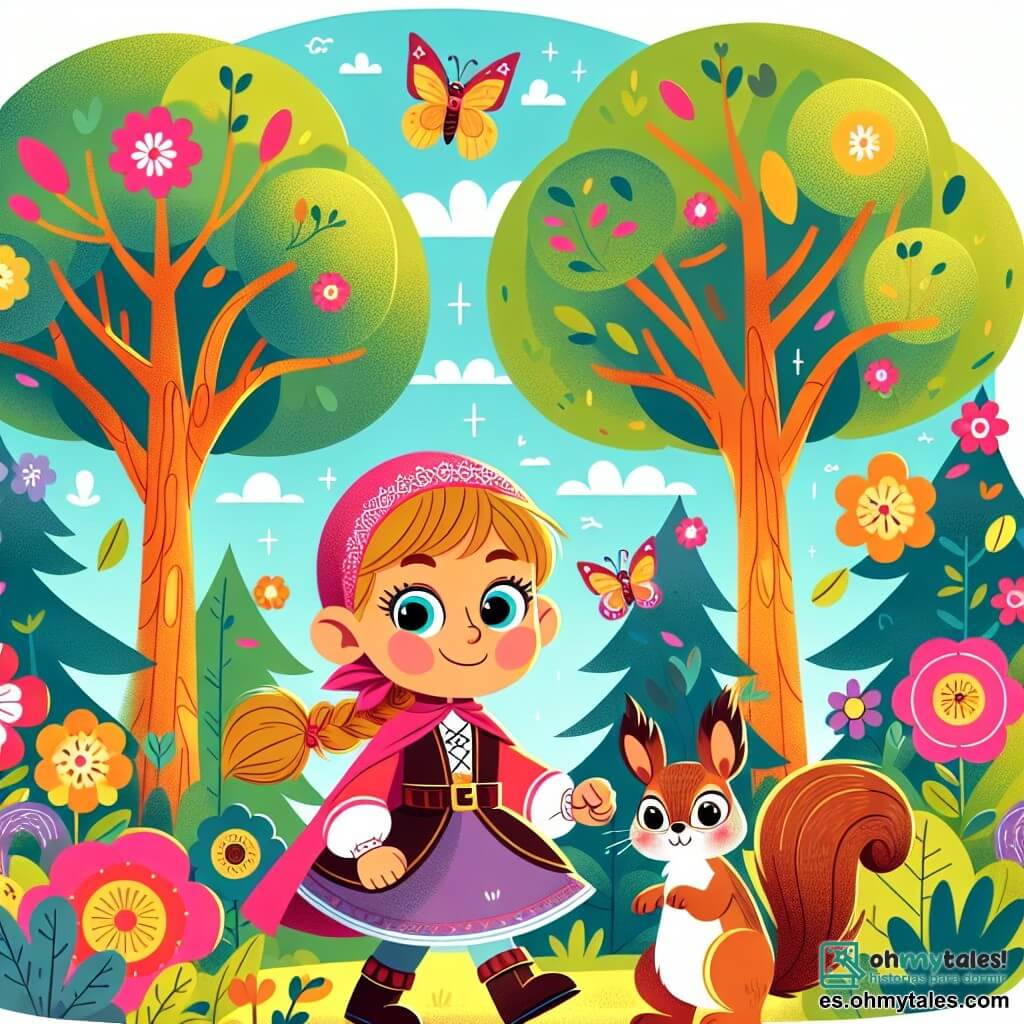 Une illustration destinée aux enfants représentant une petite fille courageuse qui explore un magnifique bosquet enchanté, accompagnée d'une adorable ardilla, dans un monde coloré où les arbres sont si grands qu'ils touchent presque le ciel, avec des fleurs éclatantes et des papillons virevoltant joyeusement autour d'eux.