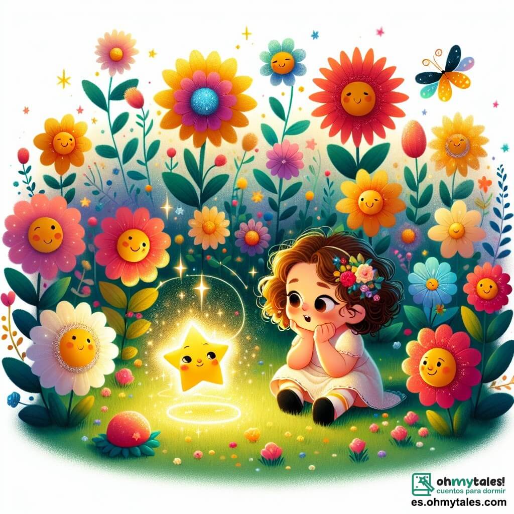 Une illustration sous forme de dessin destinée aux enfants représentant un jardin magique rempli de fleurs colorées aux pétales scintillants, où une petite fille de 3 ans aux cheveux bouclés et aux yeux pétillants, assise sur l'herbe, observe avec émerveillement une étoile dorée flottante à ses côtés, qui lui parle avec une douce lumière, tandis que des fleurs aux visages souriants posent des questions sur l'amitié et les rêves, créant une atmosphère enchantée et philosophique.