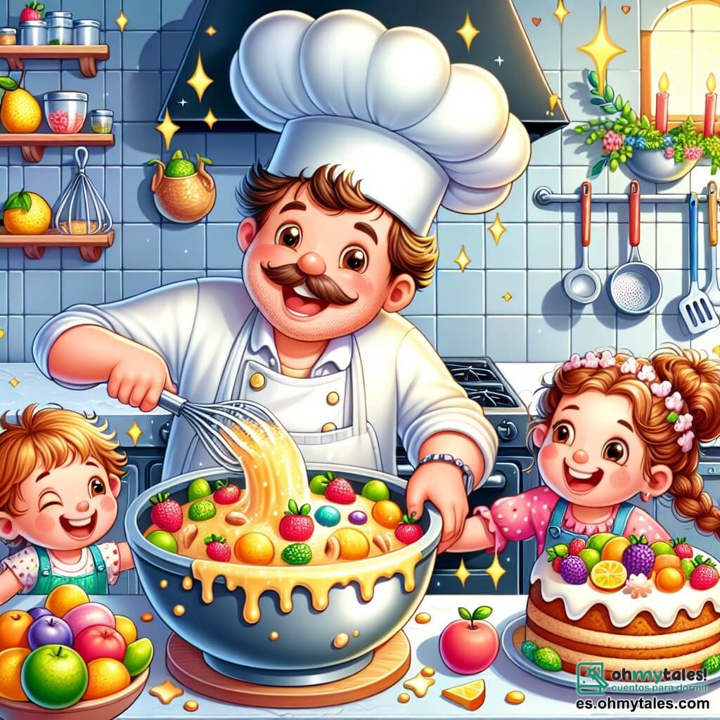 Une illustration sous forme de dessin destinée aux enfants représentant une cuisine colorée et chaleureuse, avec des murs ornés d'ustensiles de cuisine brillants, où un homme jovial, portant un grand chapeau de chef et un tablier blanc, est en train de mélanger une pâte dans un grand bol, entouré de deux enfants : une fille aux cheveux bouclés et une autre fille avec une tresse, toutes deux riant et tenant des fruits colorés, tandis qu'un délicieux gâteau doré sort du four, remplissant l'air de senteurs sucrées et joyeuses.