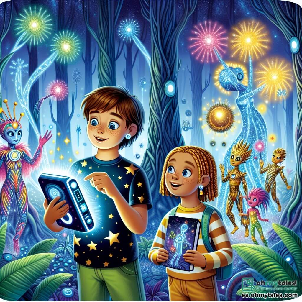 Une illustration sous forme de dessin destinée aux enfants représentant une forêt extraterrestre lumineuse avec des arbres géants aux feuilles scintillantes, où un garçon de 11 ans aux cheveux bruns et aux yeux pétillants, portant un t-shirt avec des étoiles, examine avec émerveillement un appareil technologique brillant qu'il a trouvé, tandis qu'une fille de son âge, aux cheveux blonds et tressés, sourit en tenant un livre sur la culture Veridienne, tous deux entourés de créatures amicales aux couleurs vives qui dansent joyeusement autour d'eux, symbolisant l'échange culturel entre la Terre et la planète Veridia.