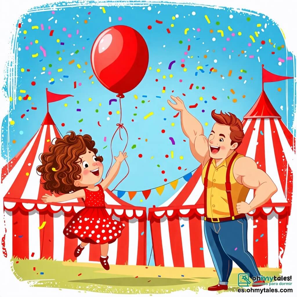 Une illustration sous forme de dessin destinée aux enfants représentant un cirque coloré avec des tentes rayées rouges et blanches, une petite fille de 2 ans aux cheveux bouclés et aux yeux pétillants, sautant joyeusement en l'air tout en attrapant un ballon rouge, entourée d'un trapéziste souriant, grand et musclé, qui la regarde avec encouragement, le tout baigné dans une ambiance festive avec des confettis flottant dans l'air et des lumières scintillantes.