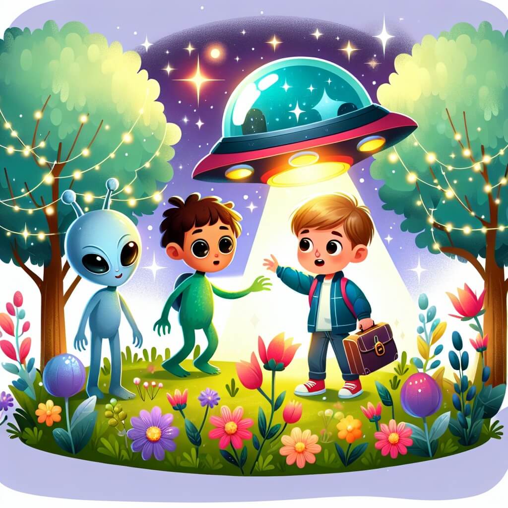 Une illustration destinée aux enfants représentant un jeune garçon intrépide découvrant un vaisseau spatial dans son jardin, accompagné de deux extraterrestres amicaux aux couleurs vives, entourés de fleurs lumineuses et d'arbres aux branches chatoyantes, dans un paysage enchanteur et féerique.