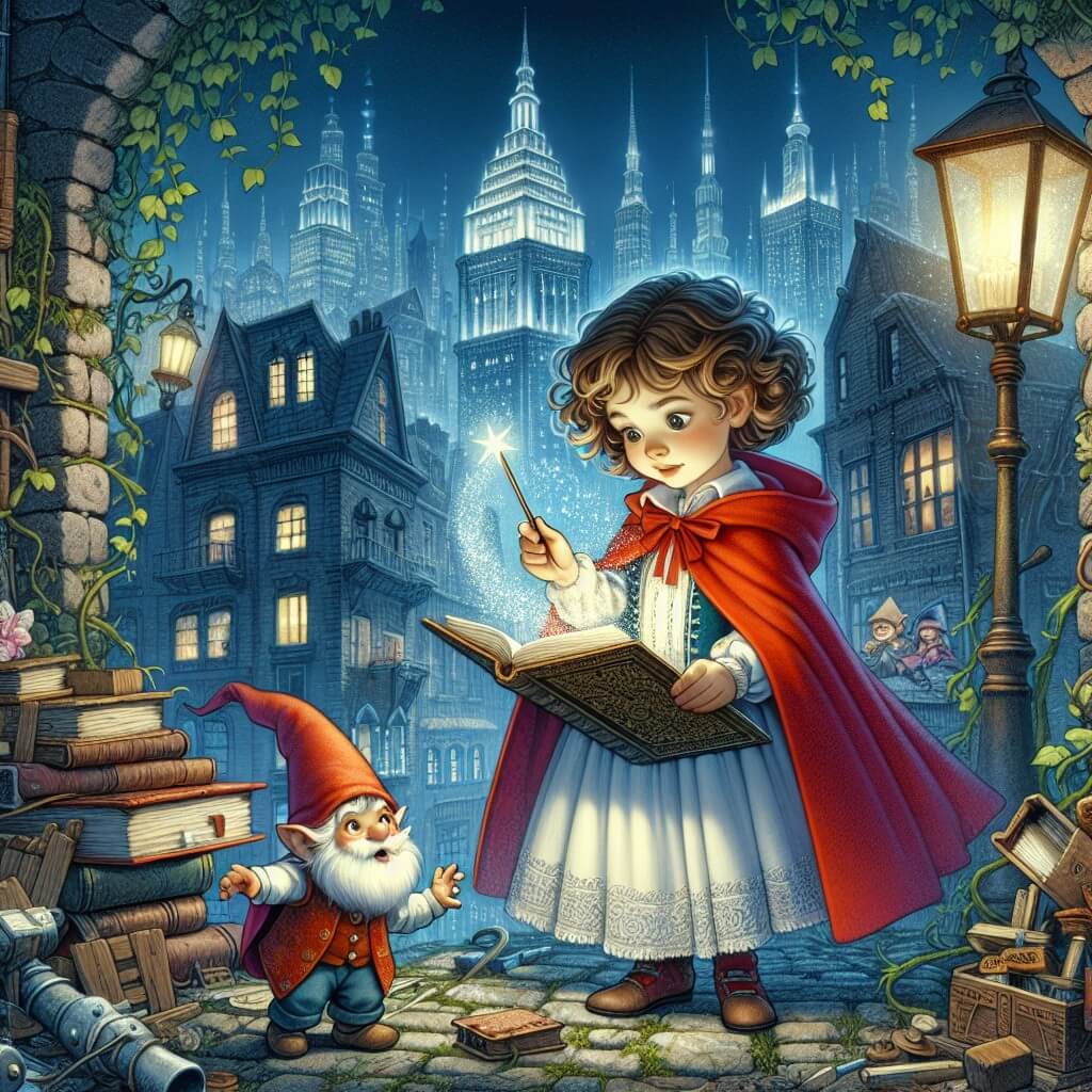 Une illustration destinée aux enfants représentant une jeune fille aux cheveux bouclés, vêtue d'une cape rouge et tenant une baguette magique, qui découvre un livre ancien dans un grenier poussiéreux, accompagnée d'un petit duende malicieux, dans une ville enchantée où les gratte-ciel sont recouverts de lianes verdoyantes et les lampadaires illuminent les ruelles pavées de lueurs féeriques.