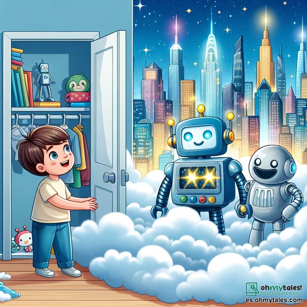 Une illustration destinée aux enfants représentant un garçon curieux découvrant un robot brillant dans son armario, accompagné de son nouvel ami, un robot aux lumières clignotantes, dans la majestueuse et lumineuse Ville de las Nubes aux rascacielos touchant les nuages.