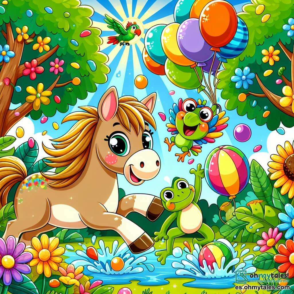 Ilustración que representa una escena alegre en una jungla colorida, con árboles de hojas verdes brillantes y flores de colores vivos como rojos, amarillos y azules. En el centro, un caballo de pelaje marrón claro, con una melena ondulada y ojos chispeantes, salta alegremente, rodeado de globos de colores flotando a su alrededor. Al lado, una pequeña rana verde, con grandes ojos redondos y una sonrisa traviesa, salta en el aire, lista para estallar un globo de agua. Un loro de plumas multicolores, con un pico curvo y alas desplegadas, vuela sobre ellos gritando alegremente. La atmósfera está llena de risas y burbujas de agua brillantes, mientras un rayo de sol ilumina la escena, añadiendo un toque mágico a esta fiesta animal.