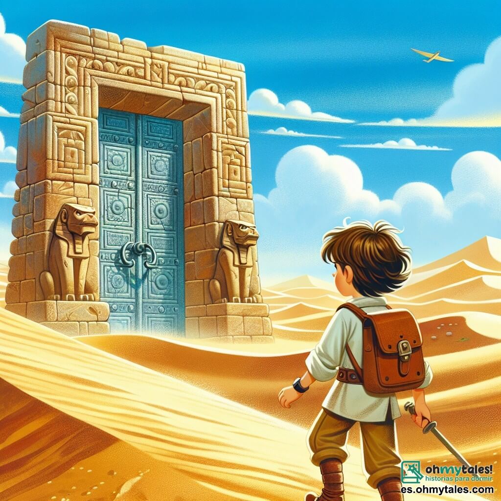 Une illustration destinée aux enfants représentant une jeune exploratrice intrépide se tenant devant une immense porte de pierre au bord d'un désert mystérieux, accompagnée de son fidèle ami, un garçon courageux aux cheveux ébouriffés, dans un paysage où les dunes de sable doré s'étendent à perte de vue sous un ciel bleu azur.