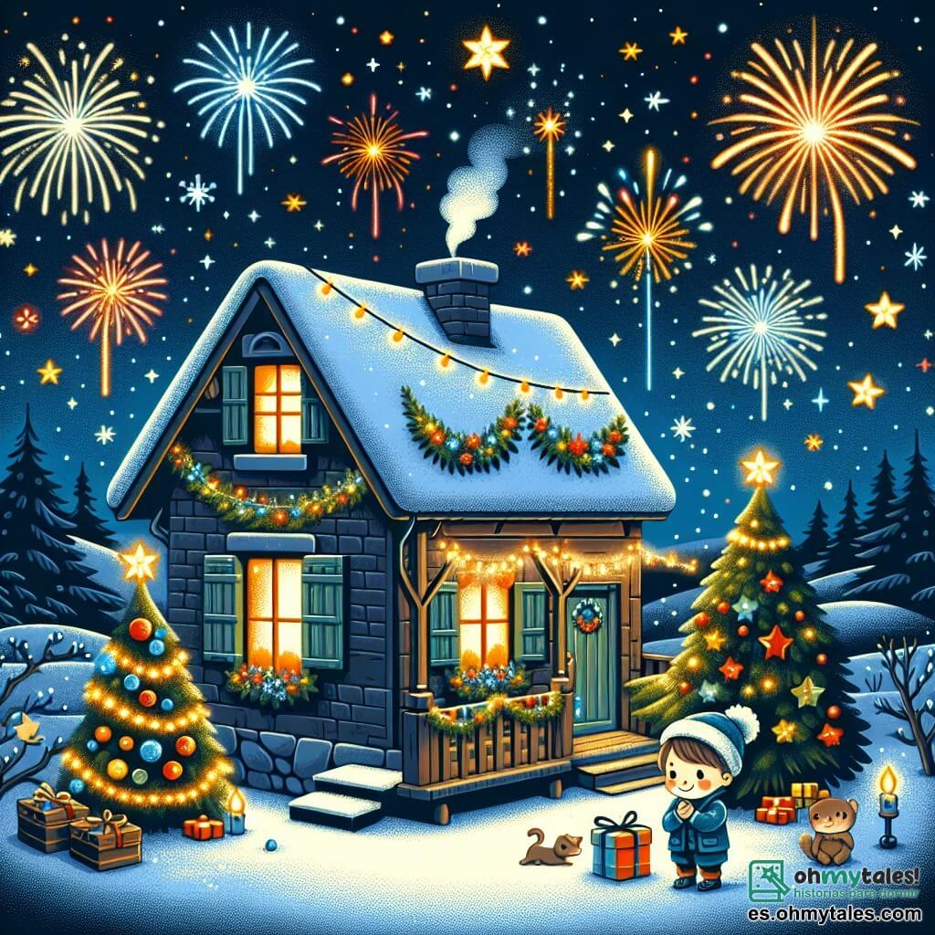 Une illustration destinée aux enfants représentant un garçon impatient de célébrer le nouvel an avec sa famille dans une petite maison de campagne décorée de lumières scintillantes et entourée de feux d'artifice colorés, sous un ciel étoilé.