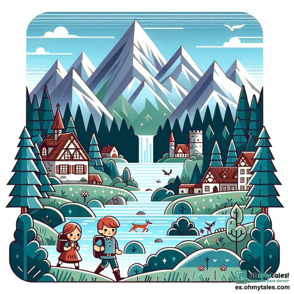 Une illustration destinée aux enfants représentant un petit garçon courageux, accompagné d'une fillette curieuse, explorant une montagne mystérieuse aux arbres majestueux et à la cascade scintillante, dans un petit village paisible au pied de la montagne.