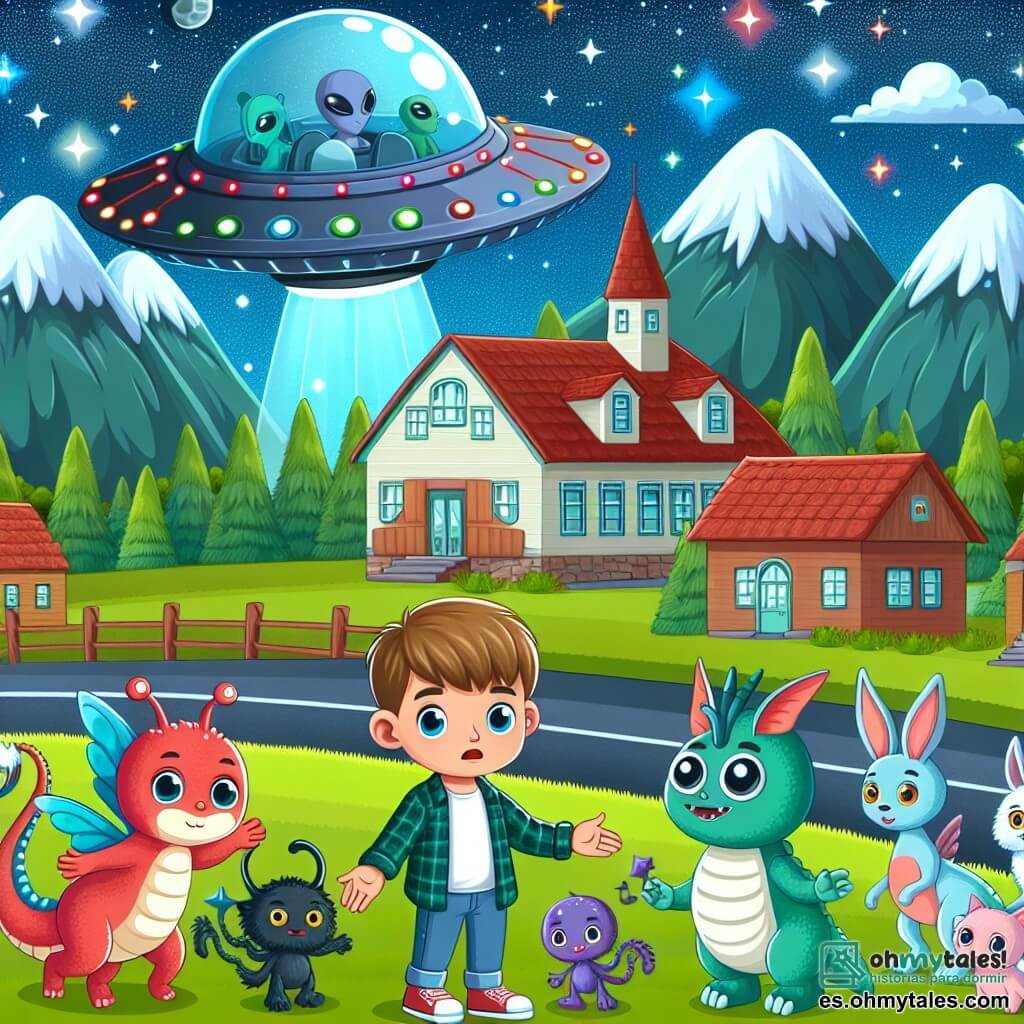 Une illustration destinée aux enfants représentant un garçon curieux découvrant une navette spatiale extraterrestre, accompagné de créatures colorées aux pouvoirs magiques, dans un village entouré de montagnes verdoyantes et d'un ciel étoilé scintillant.