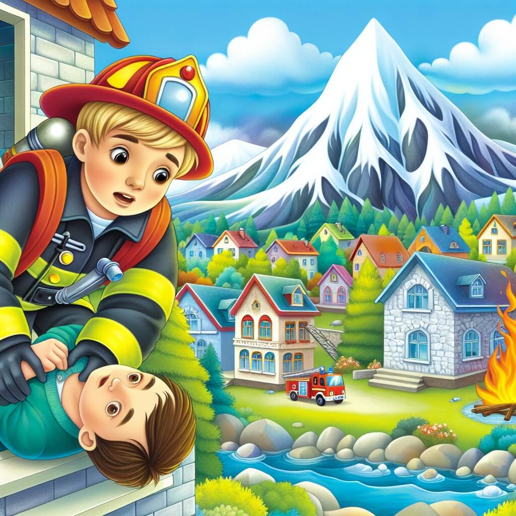 Une illustration destinée aux enfants représentant un jeune homme courageux et déterminé, un pompier, en train de sauver une personne d'une maison en flammes, avec en arrière-plan un charmant village coloré rempli de maisons en pierre, des arbres verts et une belle montagne enneigée.