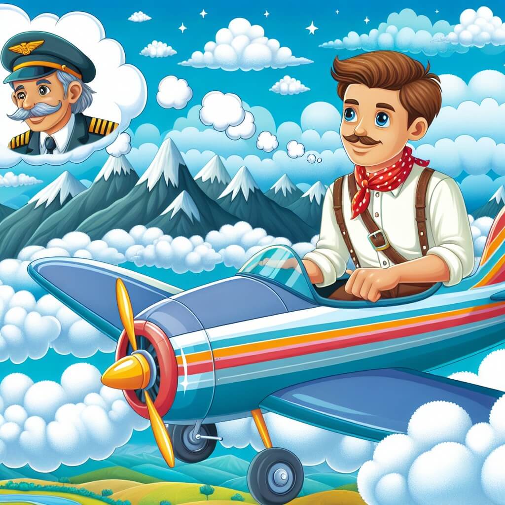Une illustration destinée aux enfants représentant un homme passionné par les avions, qui rêve de voler entre les nuages, accompagné de son fidèle instructeur, le capitaine Ramón, dans un avion coloré survolant un paysage vallonné avec des montagnes majestueuses et un ciel d'un bleu éclatant parsemé de nuages cotonneux.