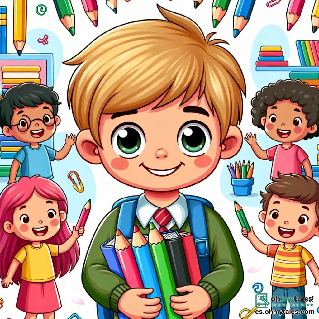 Une illustration destinée aux enfants représentant un garçon souriant et curieux, vivant son premier jour d'école entouré de nouveaux amis dans une salle de classe colorée, remplie de crayons, livres et jouets.