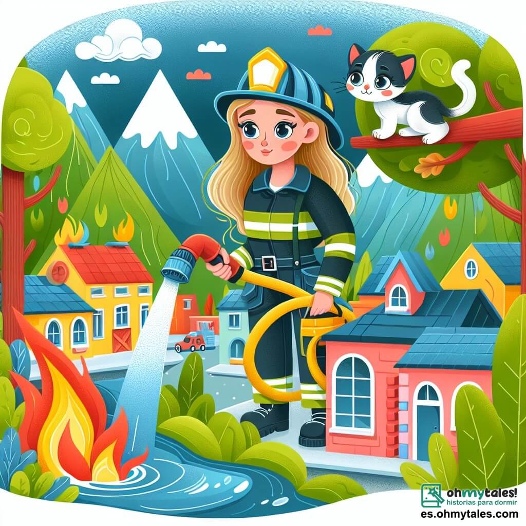 Une illustration destinée aux enfants représentant une jeune femme courageuse devenant pompier, aidant à éteindre un incendie dans un marché coloré entouré de montagnes verdoyantes, avec un chaton curieux observant depuis un arbre.