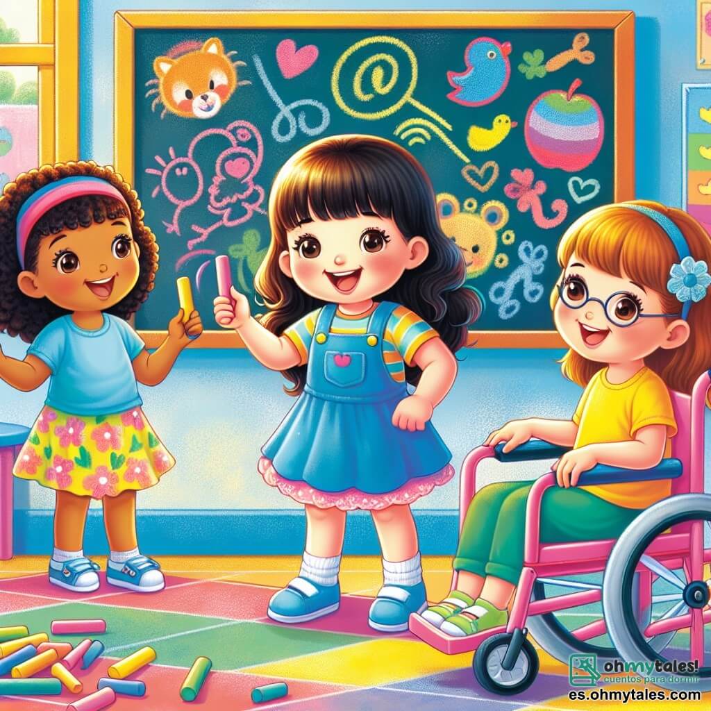 Ilustración que representa una escena animada en un aula colorida. Las paredes están pintadas de azul claro, adornadas con dibujos de animales y letras coloridas. En el centro, una gran pizarra negra está llena de tizas multicolores. Tres niñas de aproximadamente 8 años están en primer plano. La primera niña, con cabello rizado y una sonrisa brillante, lleva una camiseta azul y una falda con flores. Sostiene una tiza en su mano y parece lista para escribir en la pizarra. La segunda niña, más alta, tiene el cabello liso y un flequillo, lleva una camiseta amarilla y leggings. Está bailando alegremente, con los brazos en alto. La tercera niña, que usa una silla de ruedas rosa, tiene cabello castaño y gafas. Sonríe y hace gestos con las manos para acompañar el baile. La escena principal muestra a las tres amigas preparando su espectáculo de talentos, rodeadas de compañeros de clase que las miran con admiración. Estrellas y notas musicales flotan a su alrededor, añadiendo un toque de magia al ambiente. En los escritorios, hay lápices y hojas de papel de colores esparcidos, testigos de su creatividad y entusiasmo.