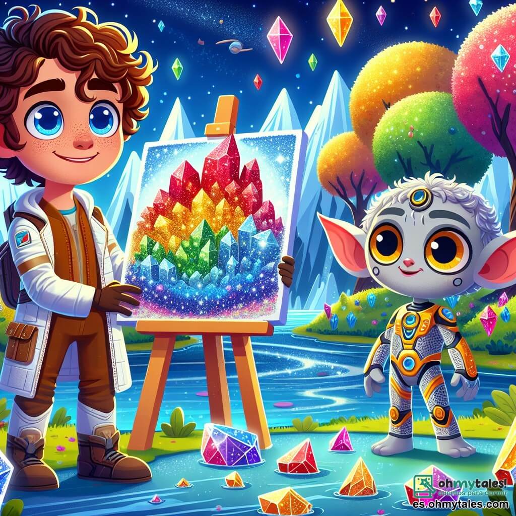 Une illustration sous forme de dessin destinée aux enfants représentant un paysage féerique de Zorbulia, avec des arbres aux couleurs vives et des cristaux brillants dans un lac scintillant, où un jeune homme aux cheveux bouclés et aux yeux bleus, vêtu d'un costume spatial, tient une magnifique toile lumineuse remplie de cristaux d'énergie, tandis qu'à ses côtés, une petite zorbilienne aux grandes oreilles et aux yeux jaunes, avec un sourire encourageant, l'observe avec admiration, alors qu'ils s'apprêtent à unir leurs forces pour sauver leur planète d'un groupe d'aliens malveillants.