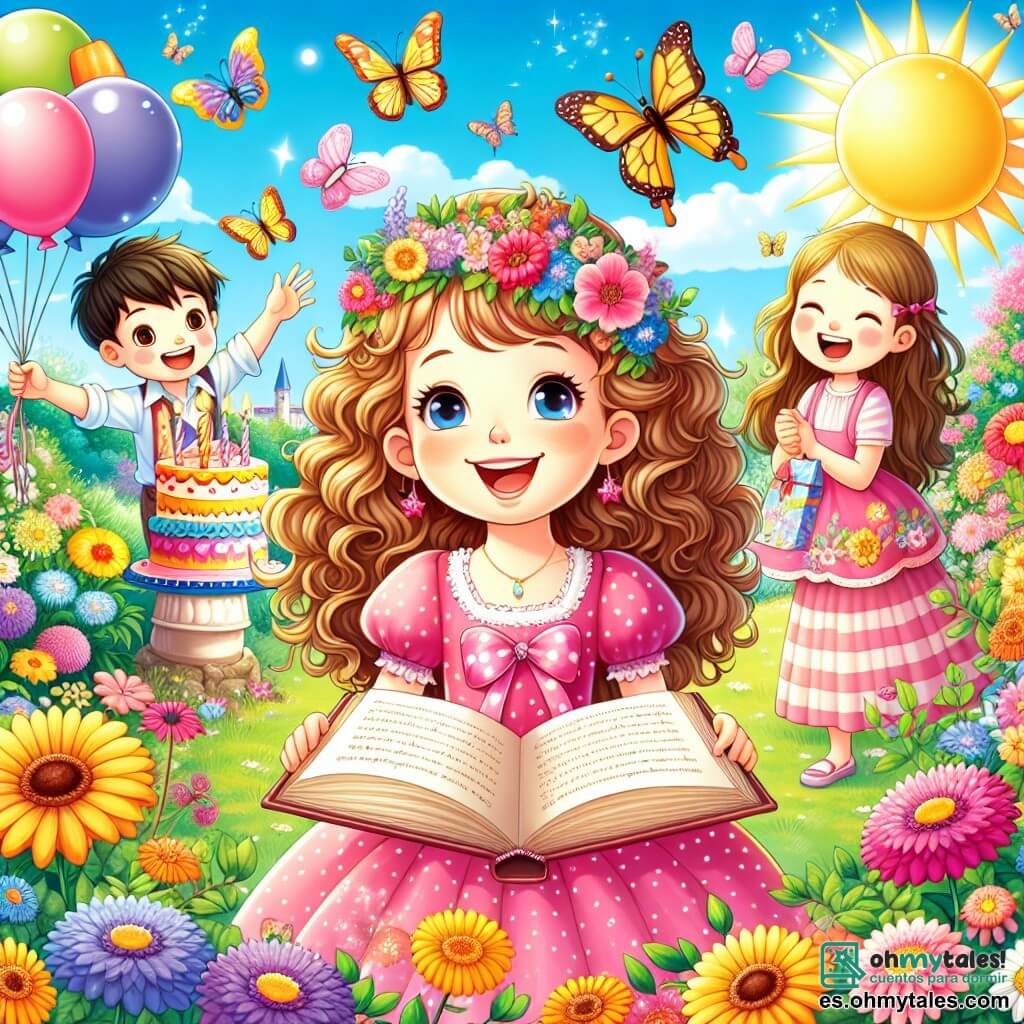Une illustration sous forme de dessin destinée aux enfants représentant un jardin coloré et ensoleillé, rempli de fleurs éclatantes et de mariposas virevoltant, où une fille de 11 ans aux cheveux bruns et bouclés, portant une robe rose à pois blancs, sourit joyeusement en tenant un livre magique ouvert, entourée de ses amis : un garçon aux cheveux blonds et ronds qui tient un grand ballon et une fille aux cheveux longs et raides qui rit en tenant une part de gâteau, alors qu'ils célèbrent ensemble un anniversaire rempli de magie et d'aventures.