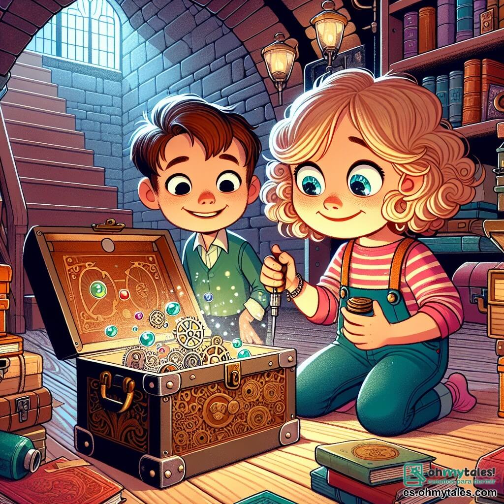 Une illustration sous forme de dessin destinée aux enfants représentant un vaste et mystérieux grenier rempli de vieilles boîtes, de livres poussiéreux et d'un grand baúl orné de pierres brillantes, où une fille de 7 ans aux cheveux bouclés et aux yeux pétillants, vêtue d'une chemise colorée et d'un pantalon en jean, est en train de construire un étrange appareil avec des engrenages, tandis qu'un garçon de son âge, aux cheveux courts et souriants, l'observe avec émerveillement, tous deux plongés dans l'excitation de leur aventure imaginaire.