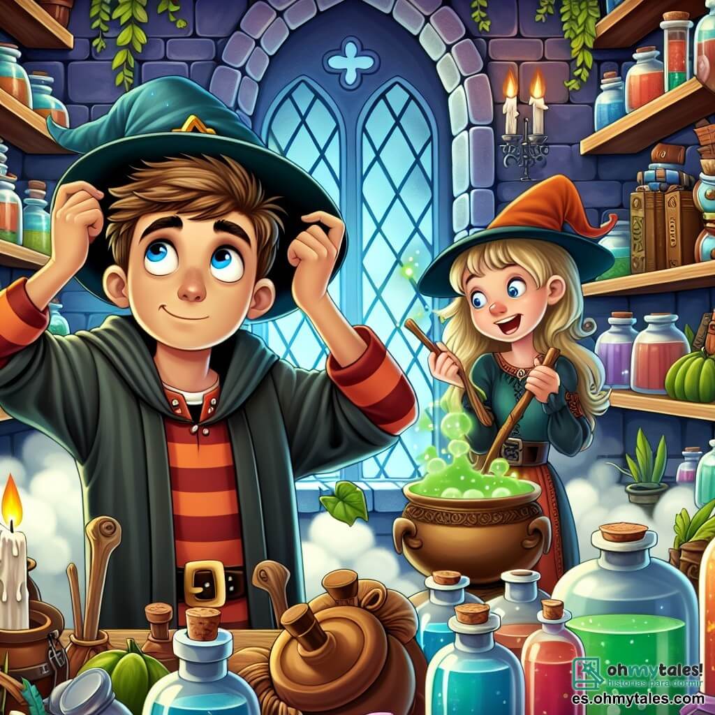 Une illustration destinée aux enfants représentant un jeune sorcier distrait préparant une potion magique dans sa tour enchantée, avec l'aide d'une sorcière malicieuse, dans un décor rempli d'étagères remplies de frascos, de plantes exotiques et d'objets mystérieux.