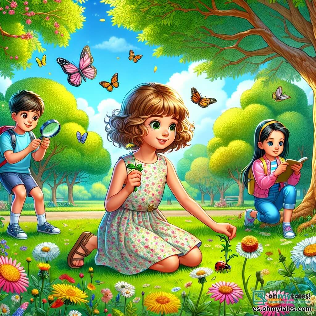Ilustración que representa un parque en plena floración en primavera, con árboles majestuosos de hojas verdes brillantes y flores de colores esparcidas por el suelo. En el centro de la imagen, una niña de 11 años con cabello rizado y castaño, vestida con un vestido ligero de flores y sandalias, está agachada, examinando atentamente un diente de león con una sonrisa maravillada. A su lado, dos amigos: un niño de 12 años con cabello rubio y corto, que lleva una camiseta azul y un pantalón corto, sosteniendo una lupa y observando una pequeña mariquita en una hoja, y una niña de 11 años con cabello liso y negro, que lleva una blusa rosa y toma notas en un pequeño cuaderno. La escena irradia una atmósfera alegre y curiosa, con mariposas de colores volando a su alrededor y un cielo azul salpicado de nubes blancas y esponjosas, simbolizando el despertar de la naturaleza y el espíritu aventurero de los niños.