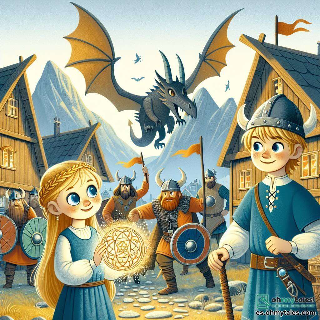 Une illustration sous forme de dessin destinée aux enfants représentant un village viking pittoresque avec des maisons en bois et des drapeaux flottants, où un jeune garçon aux cheveux blonds et aux yeux pétillants, vêtu d'une tunique bleue, tient un médaillon brillant dans ses mains, tandis qu'une jeune fille aux cheveux longs et dorés, portant une robe en lin, l'observe avec admiration, et un groupe de viking robustes, avec des casques à cornes et des haches, se prépare à affronter un dragon menaçant qui émerge des ombres de la Montagne de les Échos, créant une atmosphère d'aventure et de magie.