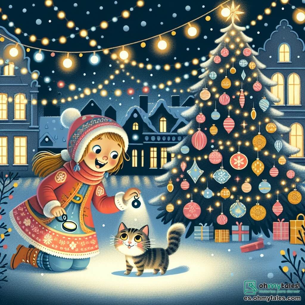 Une illustration destinée aux enfants représentant une fille curieuse et joyeuse, accompagnée de son chat malicieux, cherchant un mystérieux objet disparu pendant la fête du nouvel an dans une place du village décorée de lumières scintillantes, guirlandes colorées et un grand arbre de Noël illuminé.