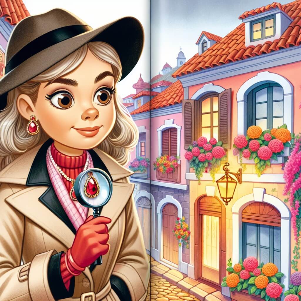 Une illustration destinée aux enfants représentant une femme détective, vêtue d'un manteau beige et d'un chapeau en feutre noir, tenant une loupe dans une main, enquêtant sur la mystérieuse disparition d'un précieux collier dans une petite ville colorée appelée Villa Alegre, où les maisons aux toits en tuiles rouges bordent les rues pavées et les fleurs multicolores ornent chaque rebord de fenêtre.