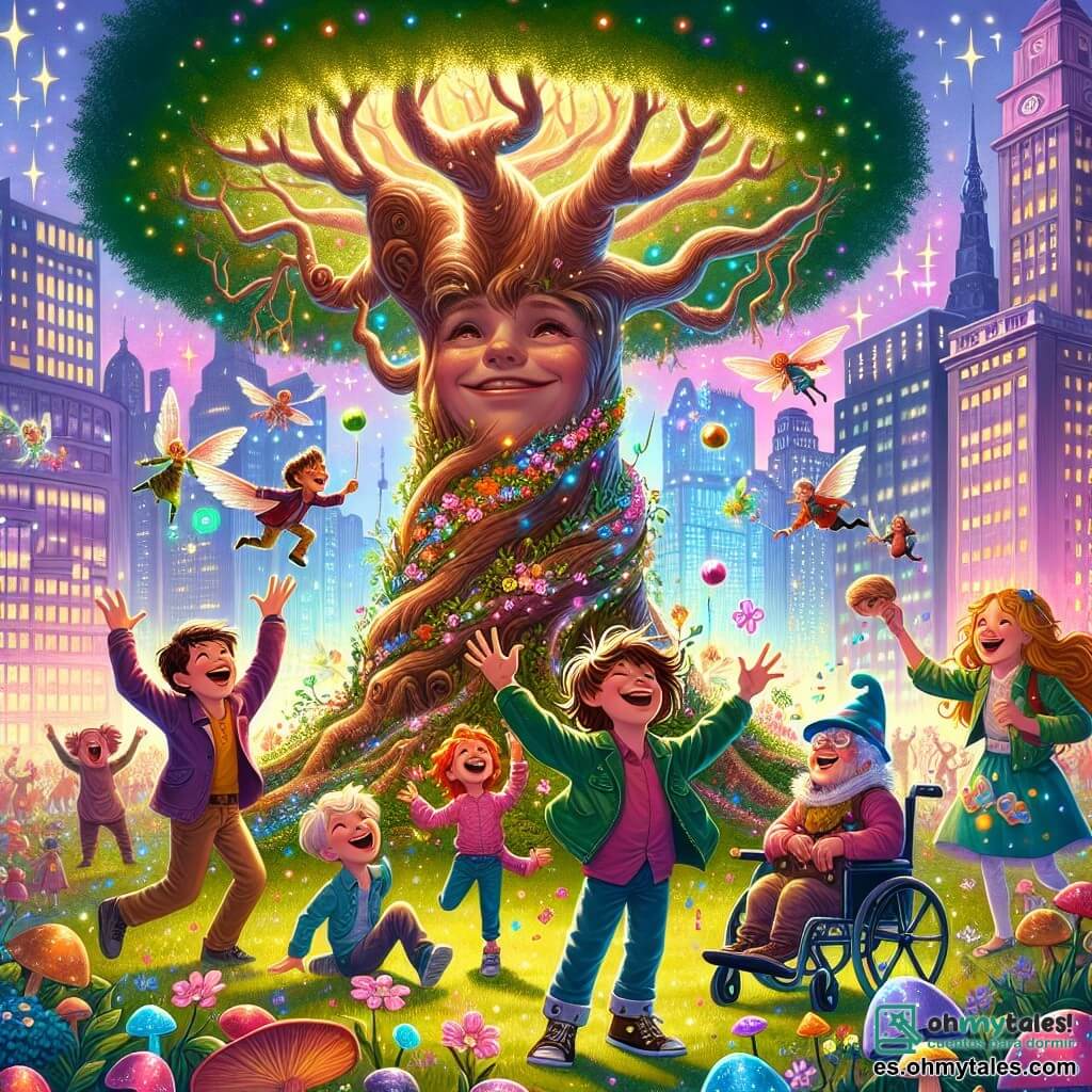 Ilustración que representa una escena vibrante en un parque urbano mágico, donde un viejo árbol majestuoso con ramas torcidas y hojas brillantes se erige en el centro. El suelo está cubierto de flores coloridas y pequeños hongos luminosos, mientras criaturas fantásticas vuelan alrededor, añadiendo un toque de magia al entorno. En primer plano, un niño de unos 10 años, con el cabello despeinado y una sonrisa radiante, se encuentra frente al árbol con los brazos levantados en señal de emoción. Junto a él, una niña de 9 años, con largos cabellos brillantes y una expresión de asombro, canta alegremente. Otro niño, también de 10 años, lleva una gorra azul y hace gestos de malabarismo con manzanas que flotan en el aire. Por último, un niño en silla de ruedas, de unos 11 años, ríe a carcajadas, sosteniendo una gran mochila llena de dulces coloridos. La situación principal muestra a los amigos celebrando su victoria en un concurso de talentos mágicos, rodeados de criaturas fantásticas que los aplauden. Estrellas brillantes flotan a su alrededor, y una atmósfera alegre y festiva emana de la escena, capturando el espíritu de aventura y camaradería de la historia.