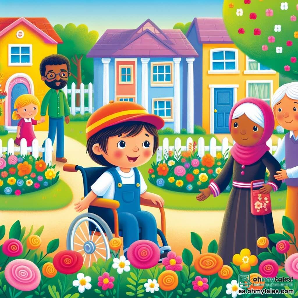 Une illustration destinée aux enfants représentant une petite fille curieuse, une famille amicale qui emménage dans un quartier coloré, un nouvel ami en chaise roulante, et un joli jardin fleuri où les enfants jouent et découvrent la valeur de la tolérance.