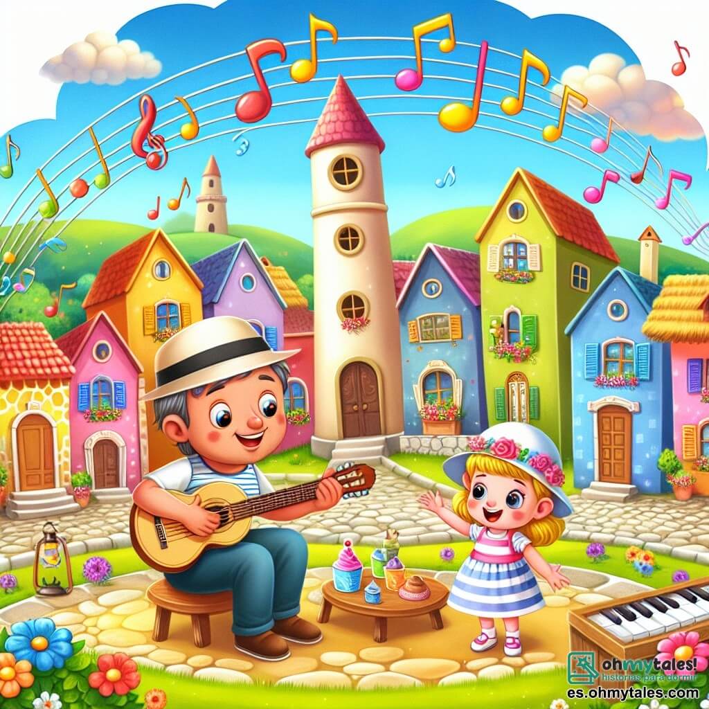 Une illustration destinée aux enfants représentant un homme passionné de musique, accompagné d'une fillette qui aime chanter, dans un petit village coloré appelé Villa Girasol.
