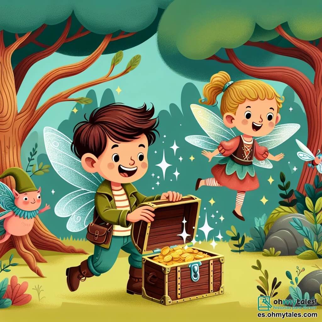 Une illustration destinée aux enfants représentant un garçon aventurier découvrant un mystérieux trésor en compagnie d'un hada aux ailes scintillantes, dans un bosque enchanté aux arbres dansant et aux animaux parlants.