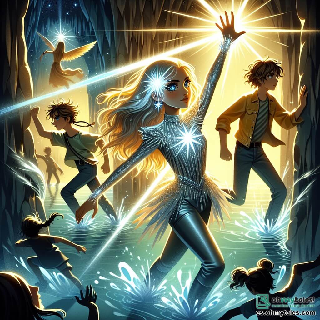 Ilustración que representa una cueva misteriosa con paredes oscuras y brillantes, donde sombras bailan en las paredes. En el centro, una joven heroína de 12 años, con ojos brillantes como estrellas y cabello dorado resplandeciente, se mantiene orgullosa. Lleva un traje plateado que brilla con la luz que emite, levantando una mano para crear un poderoso rayo de luz que ilumina la cueva. A su lado, un joven de aproximadamente 14 años, con cabello castaño desordenado y una mirada decidida, corre a toda velocidad, listo para distraer las sombras amenazantes. Otro personaje, una chica de 13 años con cabello largo y ondulado, utiliza sus poderes para controlar un muro de agua que protege al grupo. La situación principal muestra la lucha entre la luz y la oscuridad, con criaturas de sombra acercándose a ellos, mientras destellos de luz brotan alrededor, creando una atmósfera dinámica y llena de tensión. Destellos de luz y sombras se entrelazan en un ballet visual, ilustrando la batalla épica entre el bien y el mal.