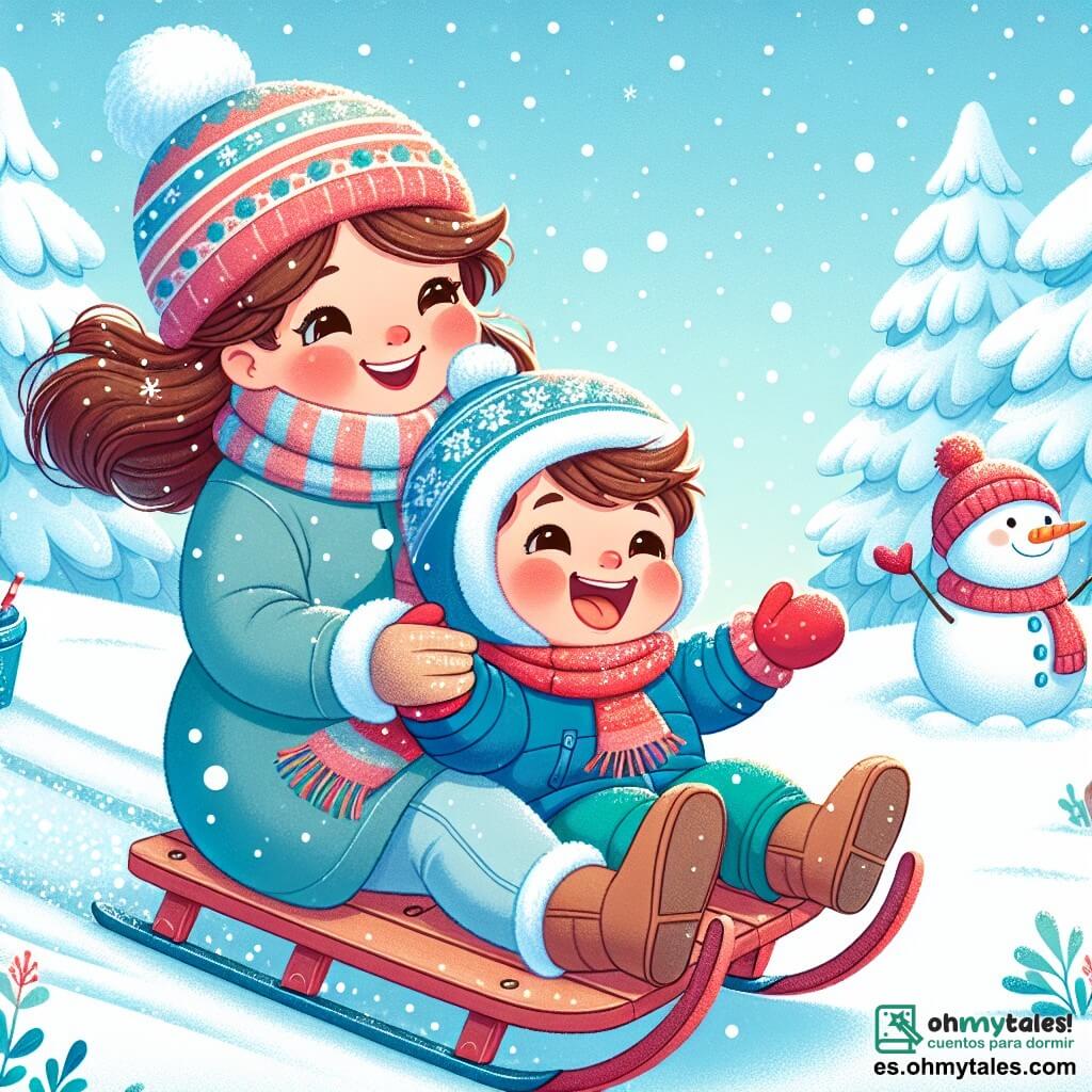 Ilustración que representa un parque invernal mágico, cubierto de una gruesa capa de nieve brillante bajo un cielo azul claro. En el centro, un niño de 1 año, con mejillas rosadas y cabello castaño desordenado, está sentado en un trineo rojo, riendo a carcajadas. Lleva un overol azul con un gorro de pompón y guantes coloridos, con sus pequeñas manos extendidas hacia la nieve. A su lado, una madre de unos 30 años, con cabello largo y castaño y una cálida sonrisa, está sentada en el trineo, abrazando al niño y compartiendo un momento de alegría. Al fondo, árboles nevados y un muñeco de nieve con una bufanda roja y una zanahoria como nariz añaden un toque de magia a la escena. La situación principal muestra al niño y su madre deslizándose alegremente por la colina, rodeados de un paisaje invernal encantador, capturando el espíritu del invierno y la maravilla de un niño.
