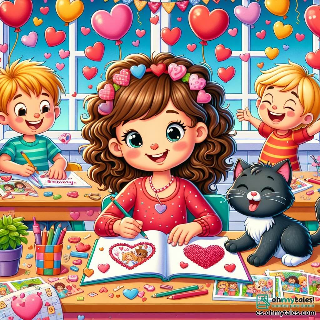 Une illustration sous forme de dessin destinée aux enfants représentant une salle de classe colorée décorée de cœurs et de ballons pour la Saint-Valentin, où une fille de 11 ans aux cheveux castaños et bouclés, assise à un bureau, travaille avec enthousiasme sur un album de souvenirs, entourée de ses camarades de classe, dont un garçon aux cheveux blonds qui rit en regardant un chat noir qui vient de renverser des photos, capturant l'esprit joyeux et créatif de l'amitié et de la célébration de la Saint-Valentin.