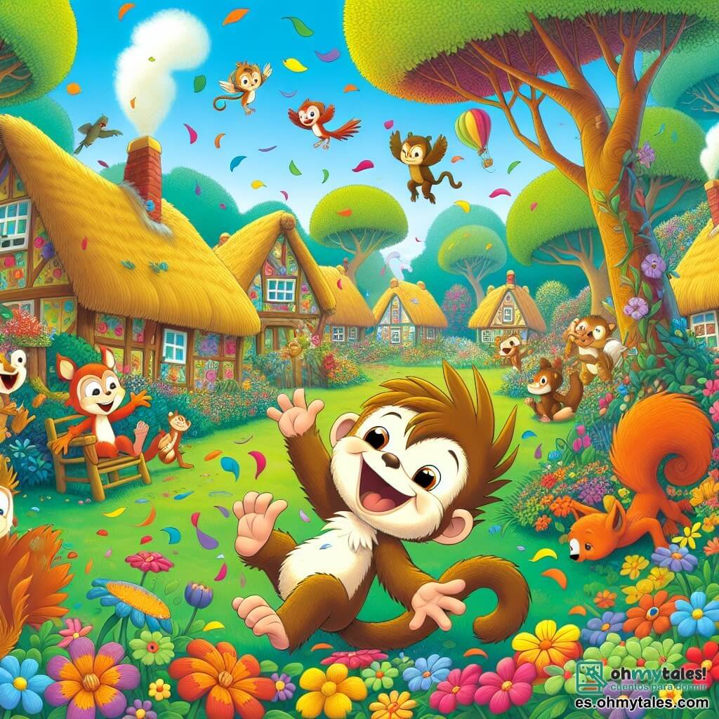 Ilustración que representa una escena alegre en una aldea colorida, donde las casas son de madera con techos de paja, rodeadas de grandes árboles con hojas verdes brillantes y flores multicolores que bailan al viento. En el centro, un pequeño mono travieso de pelaje marrón claro y ojos chispeantes de malicia está cayendo en un arbusto de flores, salpicando pétalos a su alrededor. Tiene una gran sonrisa en su rostro, mostrando que se divierte a pesar de su caída. Cerca, un grupo de animales, incluyendo una ardiente ardilla con una cola esponjosa y una gran sonrisa, aplauden y ríen, mientras un viejo búho con gafas redondas observa la escena con una expresión divertida. La atmósfera está llena de risas y alegría, con pájaros coloridos volando alrededor y globos flotando en el cielo azul.