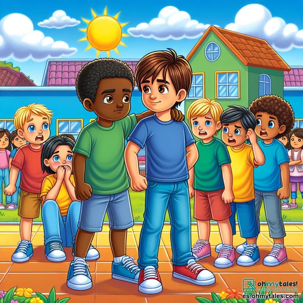 Une illustration sous forme de dessin destinée aux enfants représentant une scène vibrante dans la cour d'une école colorée de Valparaíso, où un garçon de 11 ans aux cheveux châtains et aux yeux marron, vêtu d'un t-shirt bleu et d'un jean, se tient courageusement au centre, défendant un camarade d'origine latino-américaine aux cheveux noirs et à la peau mate, qui semble triste face aux moqueries d'un groupe de garçons aux cheveux blonds et à la peau claire, tandis que des enfants de différentes origines, y compris une fille aux cheveux bouclés et à la peau claire, regardent avec curiosité et soutien, le tout sous un ciel ensoleillé, symbolisant l'importance de l'acceptation et de l'amitié face au racisme.