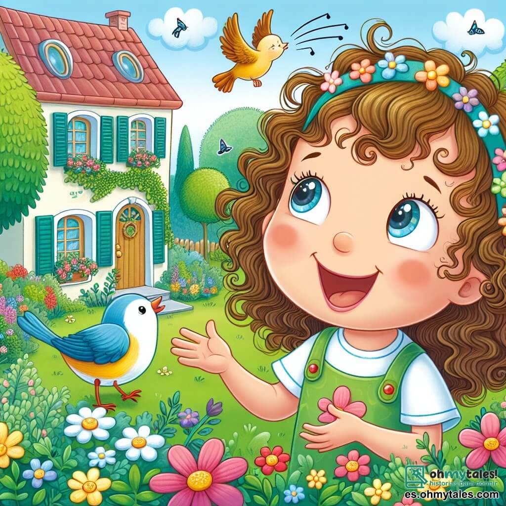Une illustration destinée aux enfants représentant une fillette aux cheveux bouclés, vivant entre une maison aux volets colorés et un parc verdoyant rempli de fleurs et d'oiseaux chanteurs, partageant des moments de bonheur et de découverte avec un nouvel ami.