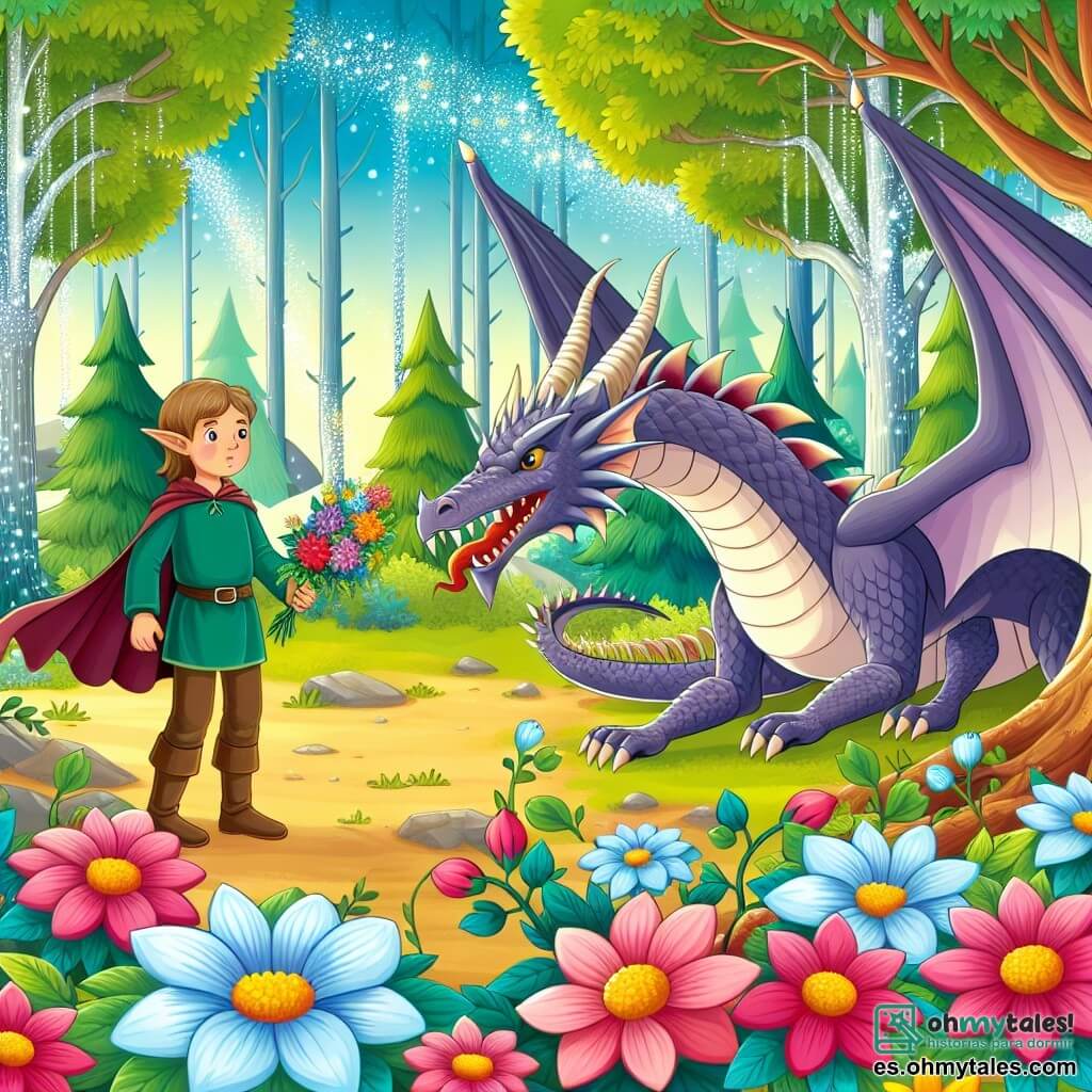 Une illustration destinée aux enfants représentant un lutin courageux qui rencontre un dragon captif dans un magnifique bosquet enchanté, entouré de grands arbres aux feuilles chatoyantes et de fleurs éclatantes aux couleurs vives.
