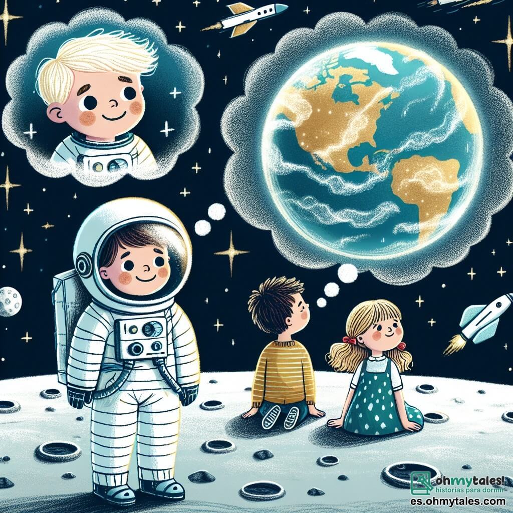 Une illustration destinée aux enfants représentant un homme astronaute rêvant de voyager dans l'espace, accompagné de deux enfants, une fille et un garçon, sur la surface lunaire, avec la Terre brillant au loin dans le ciel étoilé.