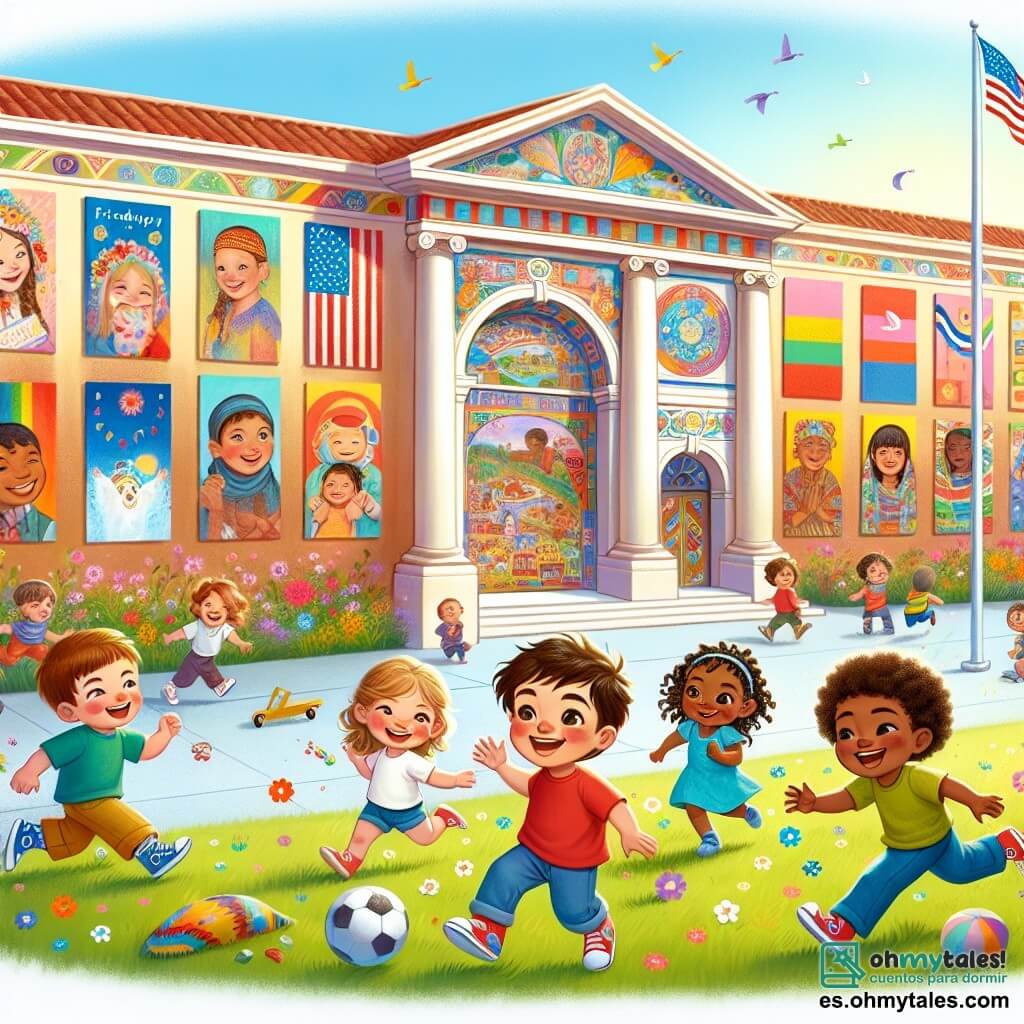 Ilustración que representa un centro cultural vibrante, lleno de colores brillantes. Muros decorados con frescos que representan culturas de todo el mundo, banderas ondeando al viento y niños jugando en un césped verde. En primer plano, un niño de 3 años con cabello rizado castaño y ojos brillantes, sonriendo alegremente mientras lanza una pelota. A su lado, una niña de 4 años con trenzas rubias y piel clara, riendo mientras corre hacia él. Otro niño de 5 años, con piel más oscura y cabello rizado, se une a ellos, con los brazos abiertos, listo para atrapar la pelota. La escena captura la energía de la amistad y la diversidad, con niños de diferentes orígenes jugando juntos, rodeados de risas y alegría. Juguetes coloridos y flores esparcidas añaden un toque de magia a la ilustración.