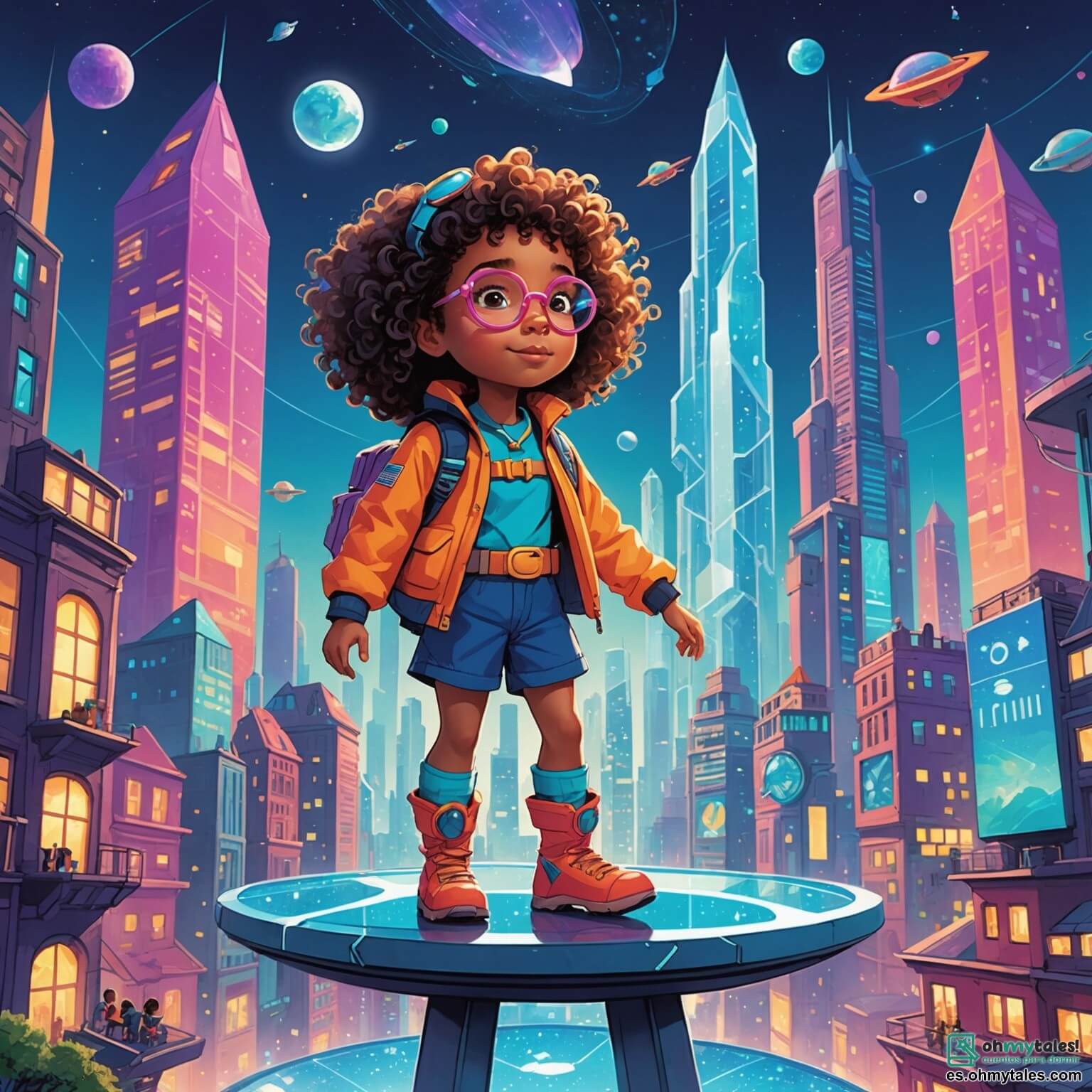 Une illustration destinée aux enfants représentant une petite fille aux cheveux bouclés et brillants comme des étoiles, vêtue d'une combinaison d'exploratrice aux couleurs vives, se tenant sur une plateforme flottante dans une ville futuriste où des bâtiments scintillants s'élèvent comme des cristaux géants sous un ciel vibrant de néons, tandis qu'un petit garçon aux lunettes rondes et curieuses observe avec émerveillement les véhicules volants qui dansent autour d'eux, créant une atmosphère magique et pleine d'aventures.