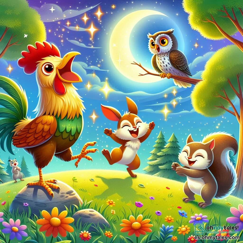 Ilustración que representa un claro de luna brillando sobre un vasto campo verde, salpicado de flores coloridas y grandes árboles con hojas brillantes. En el centro de la escena, un gallo de plumas doradas y brillantes, con un pico rojo vivo y ojos chispeantes de emoción, baila alegremente sobre una pequeña roca, levantando una pata en el aire y cantando con entusiasmo. Cerca, una pequeña ardilla de grandes orejas y cola esponjosa, con pelaje marrón y ojos traviesos, aplaude y salta de alegría, mientras un viejo búho de plumas grises y ojos sabios, posado en una rama, los observa con una sonrisa benevolente. La escena desprende una atmósfera de fiesta y camaradería, con risas y estrellas brillantes en el cielo, simbolizando la alegría y la amistad de los animales en plena celebración.