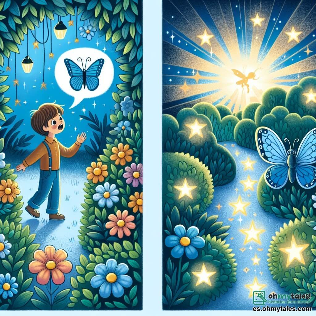 Une illustration destinée aux enfants représentant un garçon curieux et aventurier découvrant un jardin secret rempli de fleurs brillantes et d'une mariposa azul parlante, où des étoiles brillantes cachées dans des arbustes révèlent un trésor mystérieux, dans un jardin enchanté baigné par la lumière du soleil.